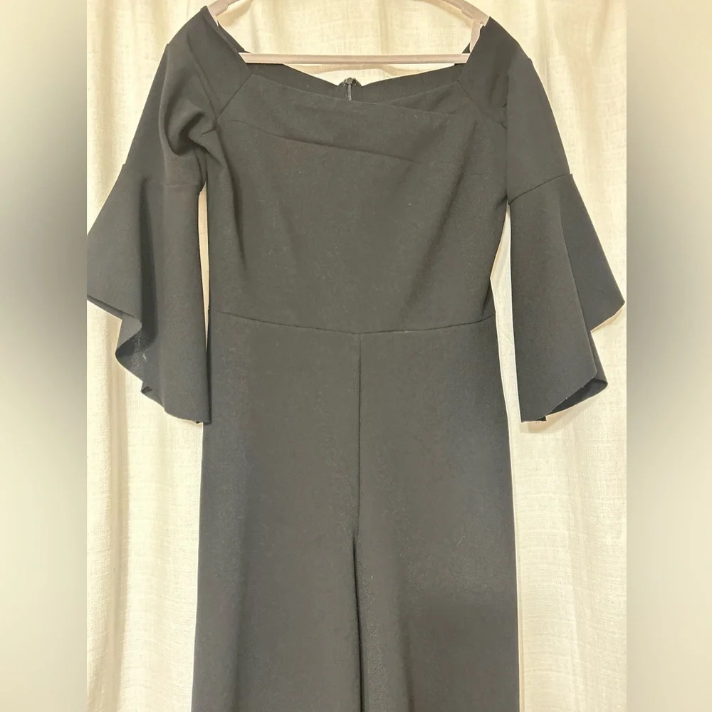 bebe Black‎ Off-Shoulder Wide-Leg Jumpsuit with Fluted Sleeves
